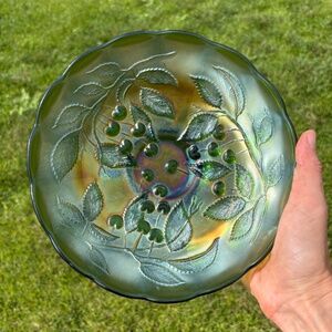 Antique Millersburg Carnival Glass Ice Cream Bowl – Hanging Cherries - Emerald